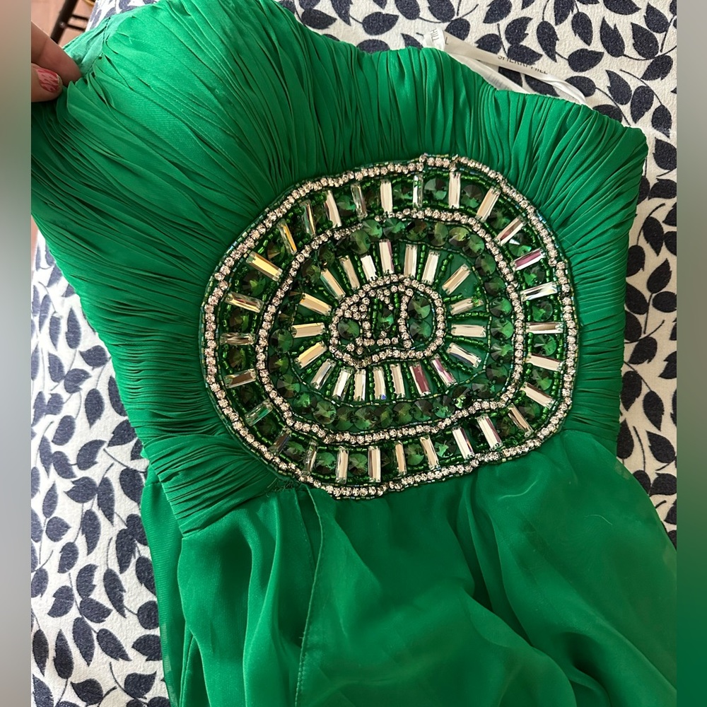 Sherri Hill EmeraldGreen Strapless PleatedTop Rhinestone/Jeweled Chiffon Dress 4 - Picture 8 of 16